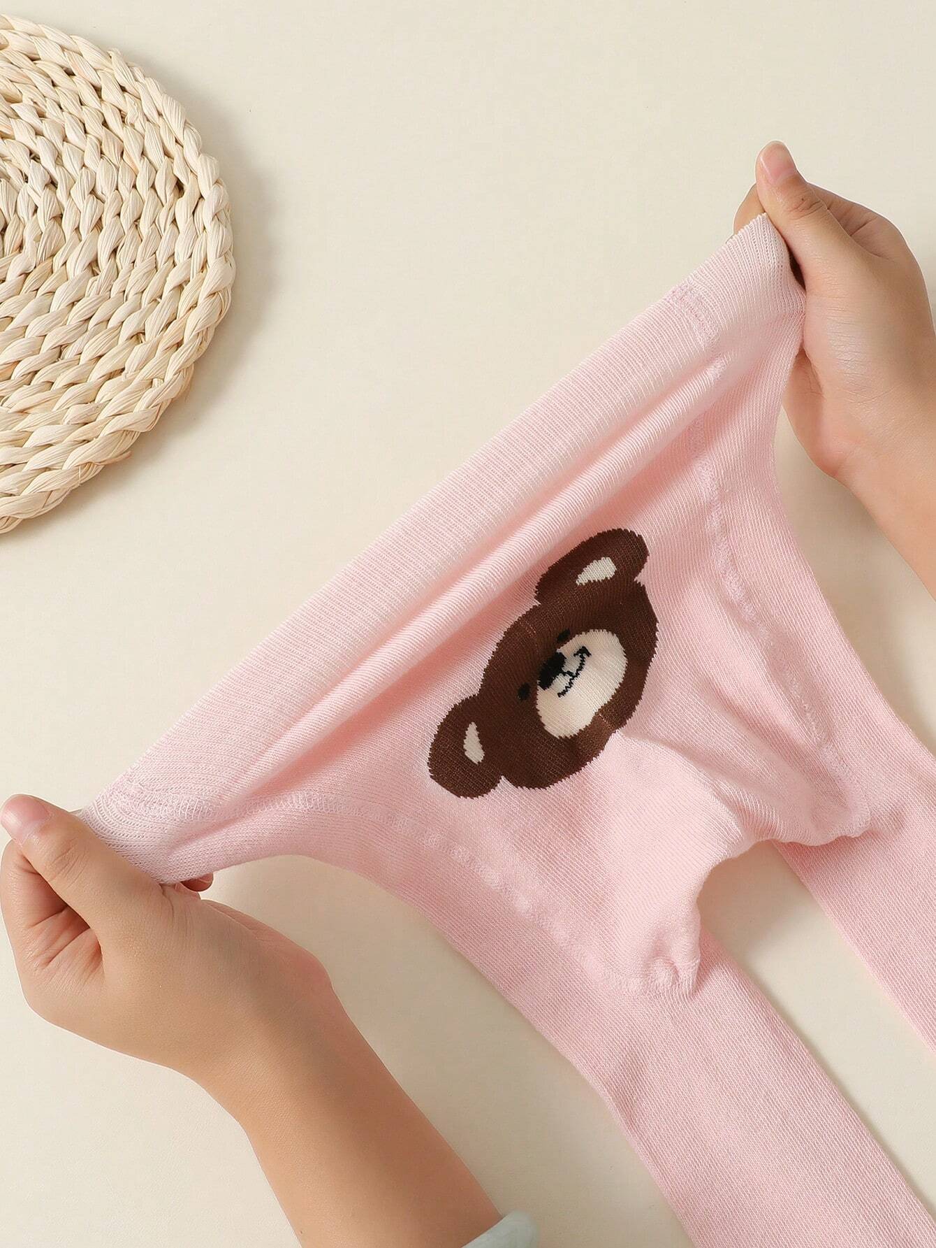 2pcs White And Pink Baby Girls Cartoon Bear Pattern Tights