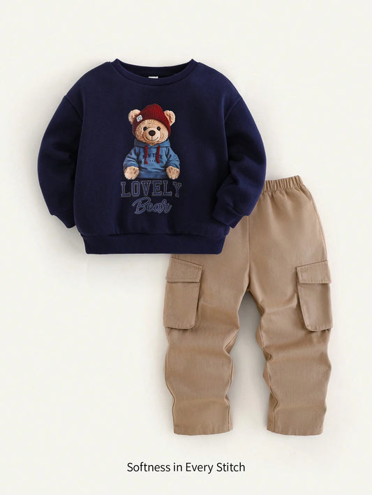 Young Boy Bear Pattern Soft Knit Crew Neck Long Sleeve Hoodie Sweatshirt And Elastic Waist Long Pants Multicolor