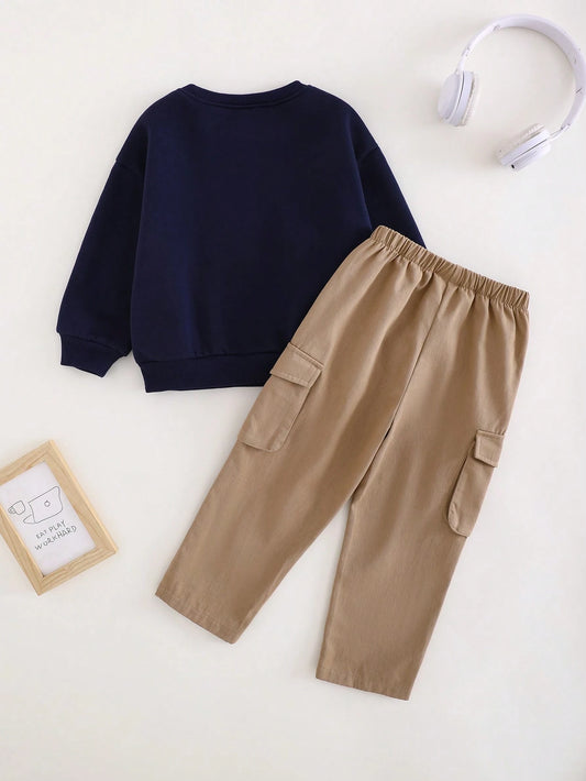 Young Boy Bear Pattern Soft Knit Crew Neck Long Sleeve Hoodie Sweatshirt And Elastic Waist Long Pants