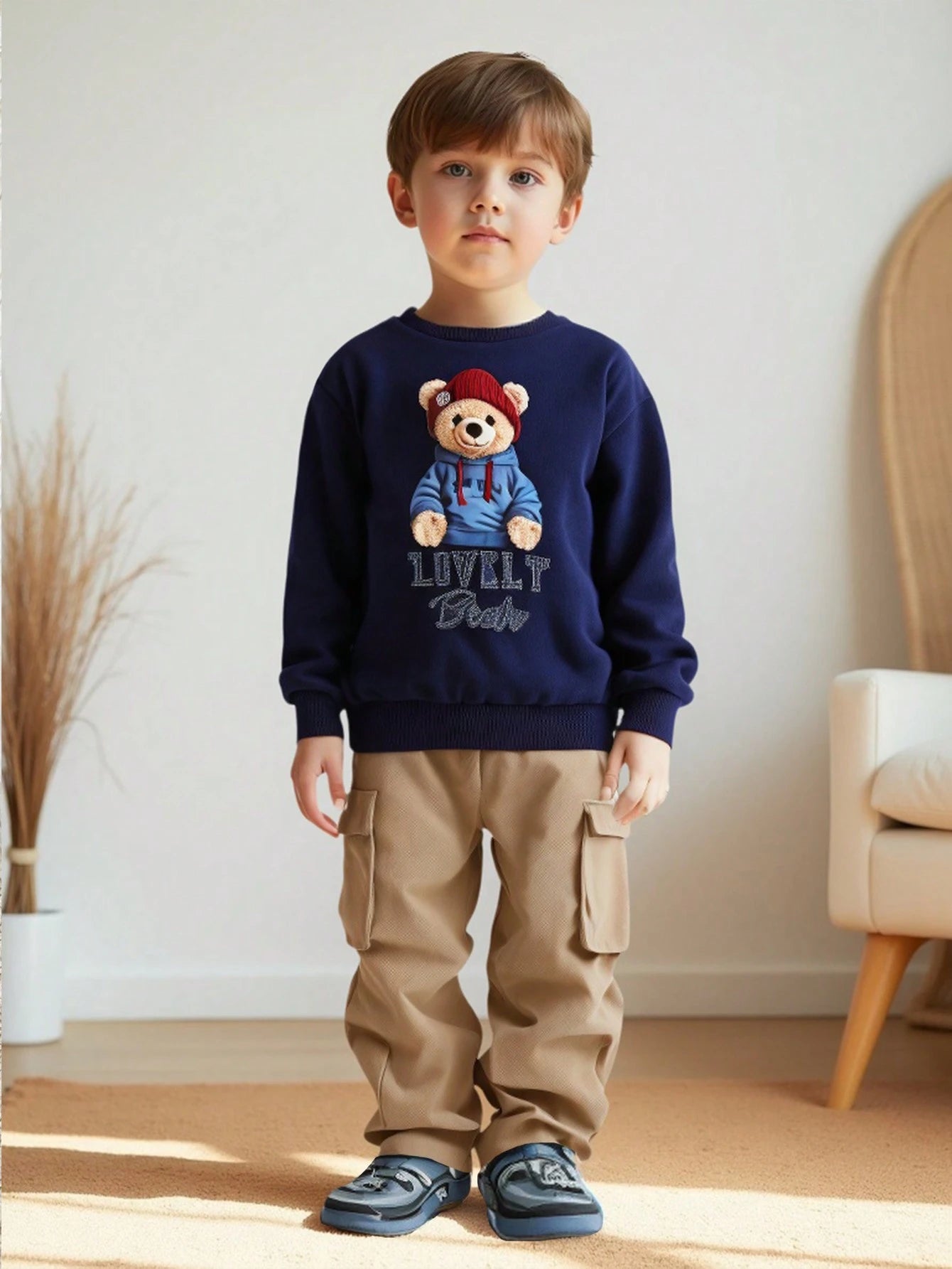 Young Boy Bear Pattern Soft Knit Crew Neck Long Sleeve Hoodie Sweatshirt And Elastic Waist Long Pants