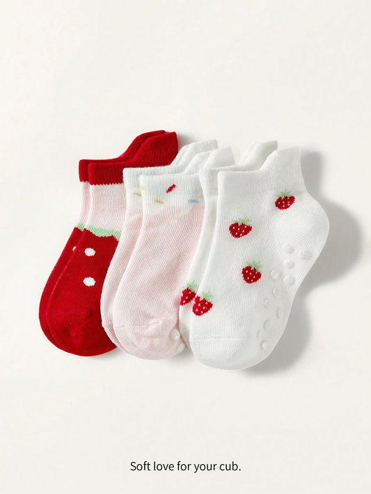 3 Pairs Baby/Toddler Strawberry Jacquard Cotton Ankle Socks Multicolor