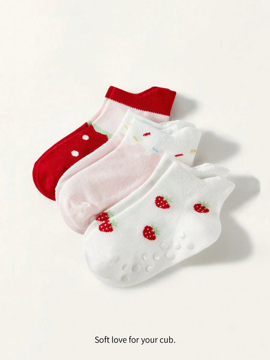 3 Pairs Baby/Toddler Strawberry Jacquard Cotton Ankle Socks