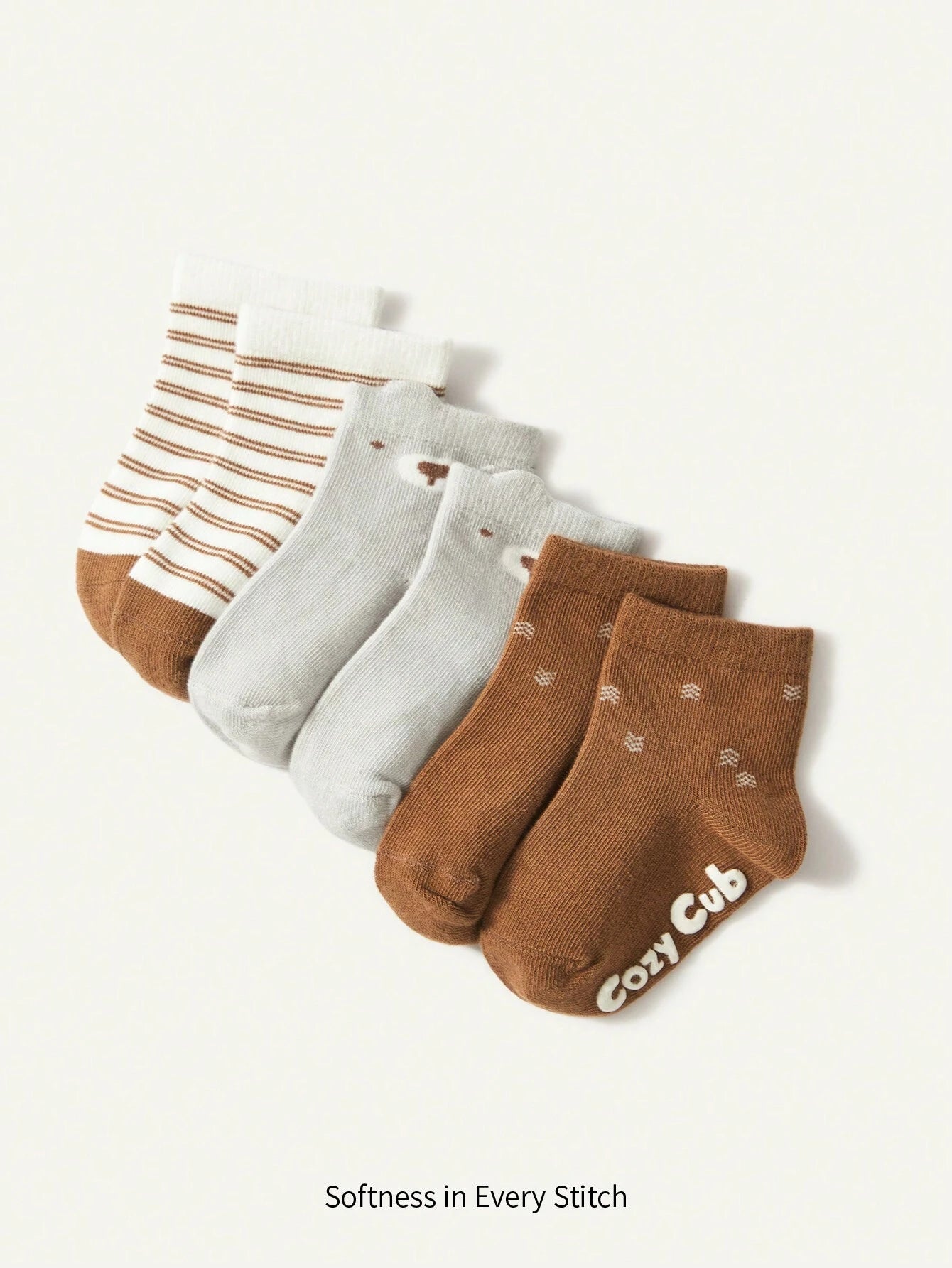 3pairs/Set Cute Bear Design Glue Dot Anti-Slip Baby Socks Multicolor