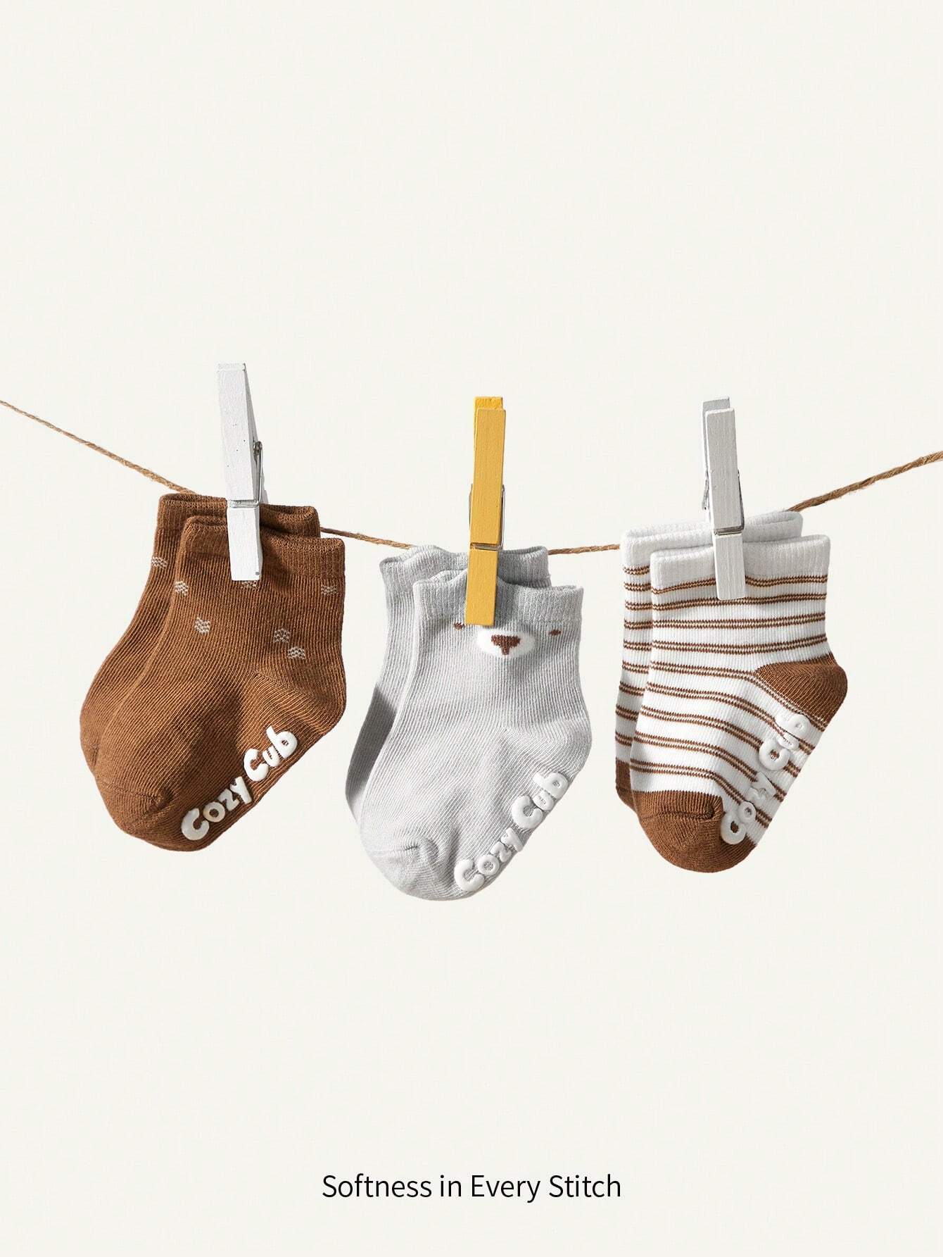 3pairs/Set Cute Bear Design Glue Dot Anti-Slip Baby Socks