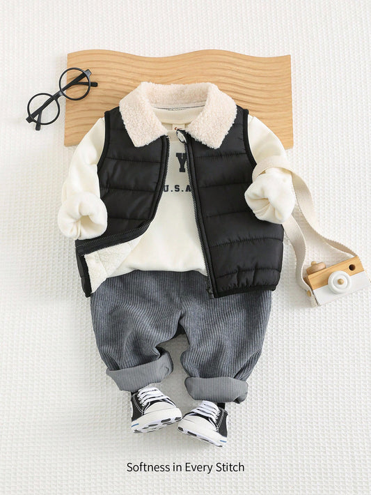 Mummy & Mee 3pcs Baby Boy Set: Letter Print Crewneck Sweatshirt, Thermal Lined, Sleeveless Vest, And Elastic Waist Joggers