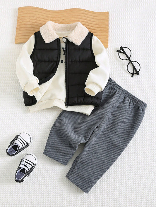 Mummy & Mee 3pcs Baby Boy Set: Letter Print Crewneck Sweatshirt, Thermal Lined, Sleeveless Vest, And Elastic Waist Joggers