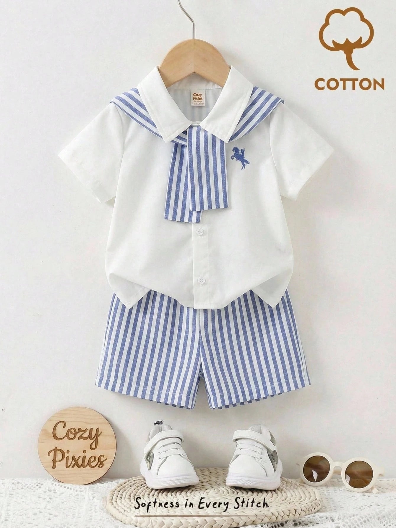 3pcs/Set Baby Boy White Collar Shirt,Blue & White Striped Shawl,And Shorts Set