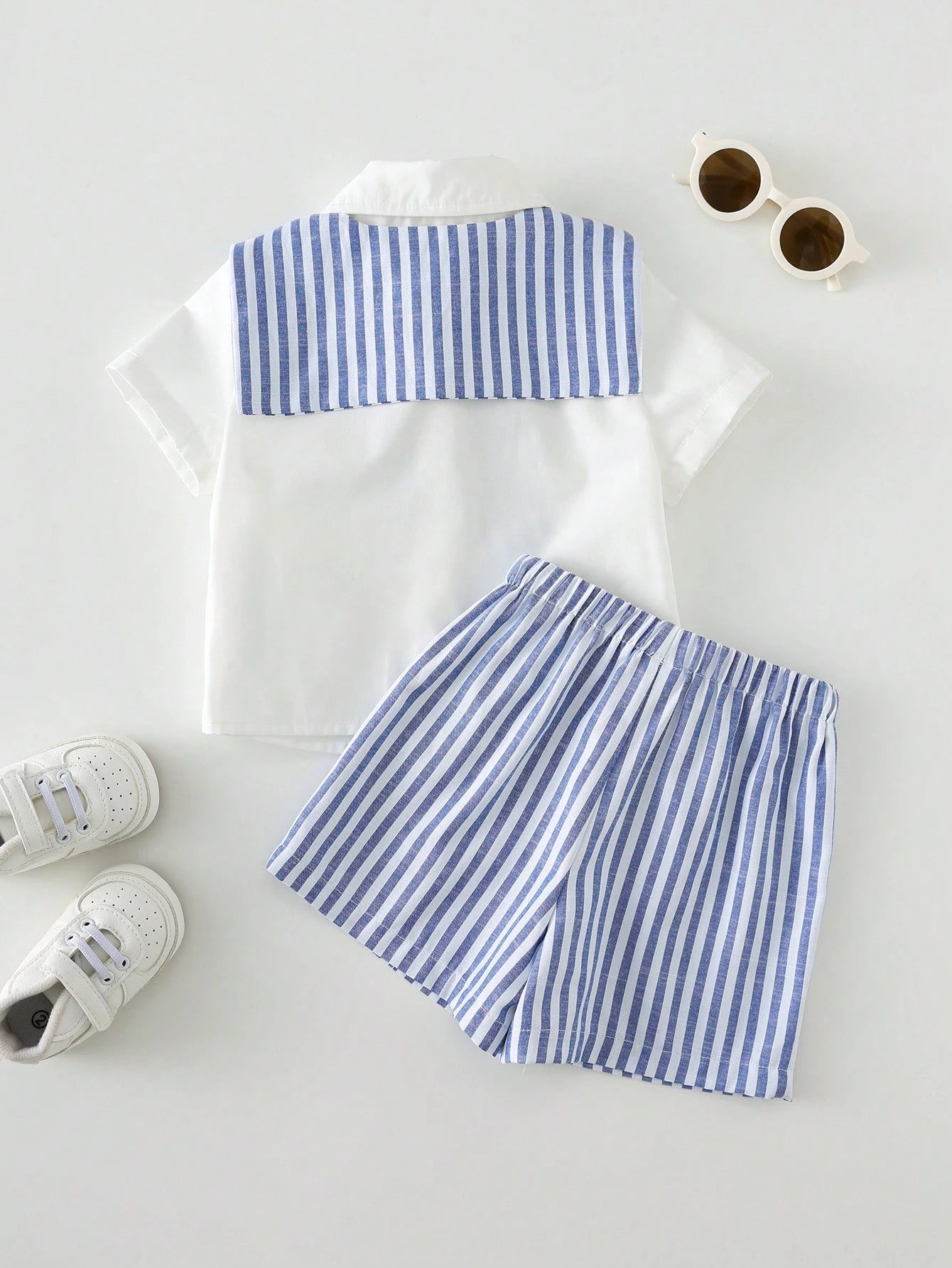 3pcs/Set Baby Boy White Collar Shirt,Blue & White Striped Shawl,And Shorts Set