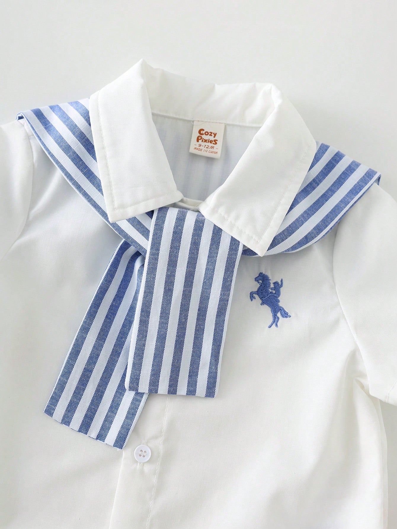 3pcs/Set Baby Boy White Collar Shirt,Blue & White Striped Shawl,And Shorts Set