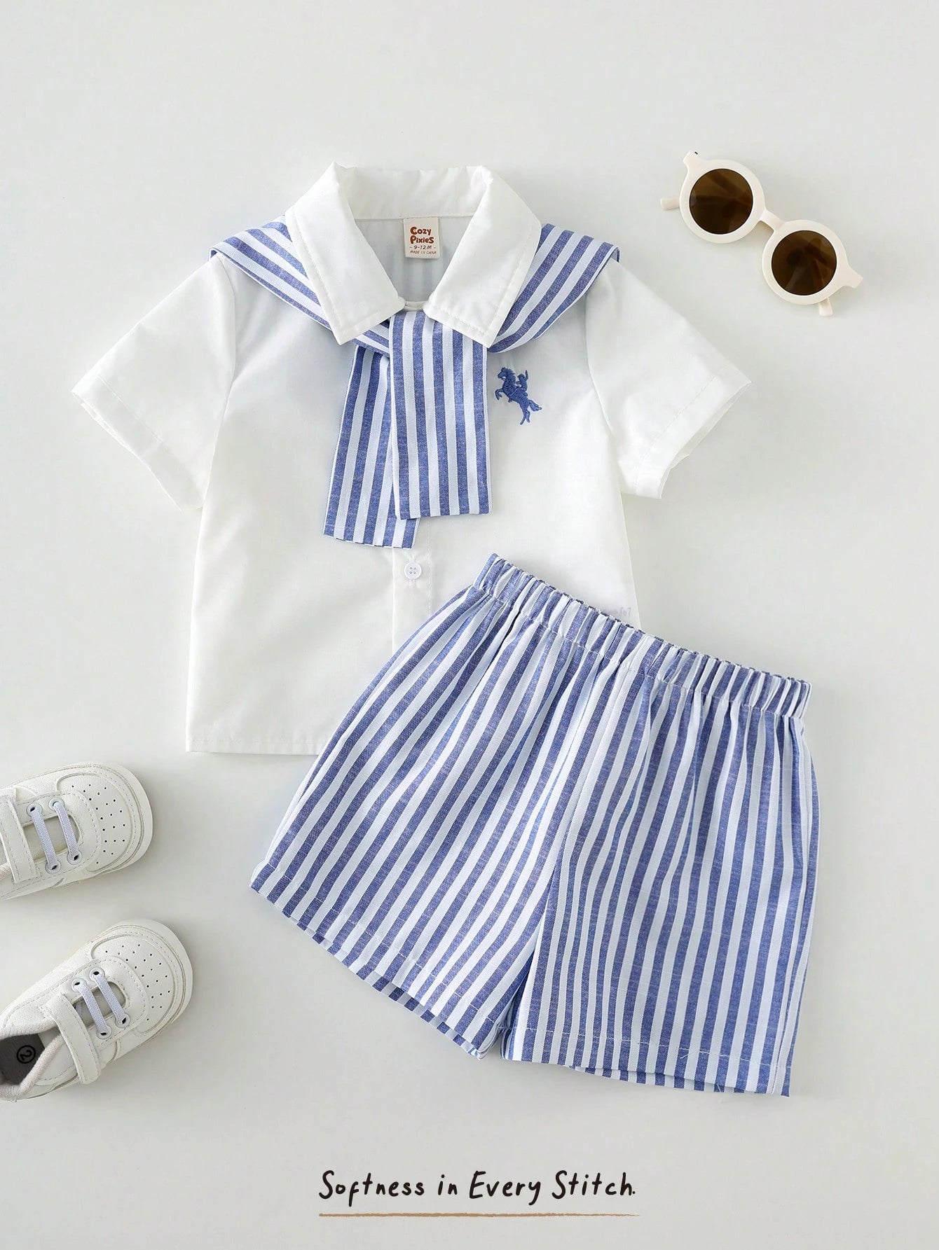 3pcs/Set Baby Boy White Collar Shirt,Blue & White Striped Shawl,And Shorts Set