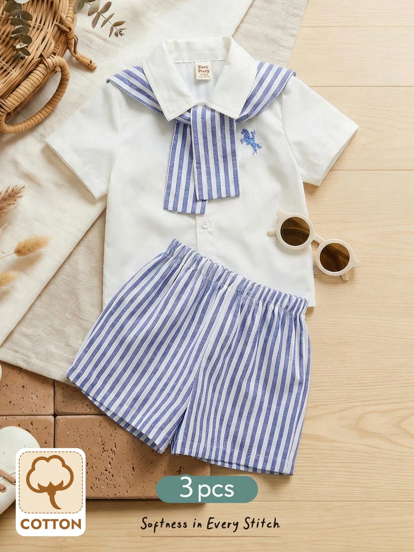 3pcs/Set Baby Boy White Collar Shirt,Blue & White Striped Shawl,And Shorts Set
