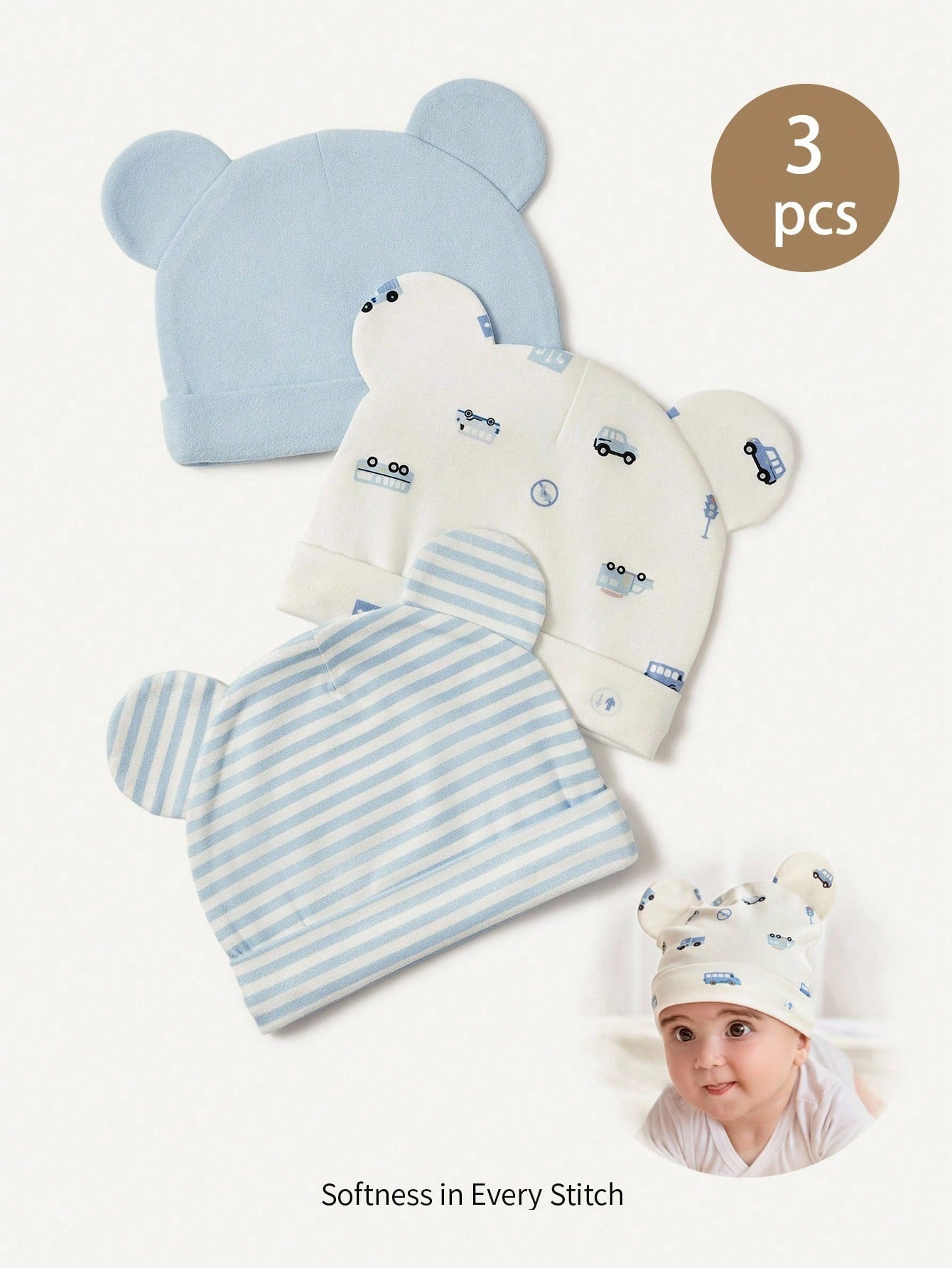 3pcs/Set Soft & Comfortable Infant Floral, Striped Print, Pink Bear Pattern Beanies Multicolor 2 One-Size
