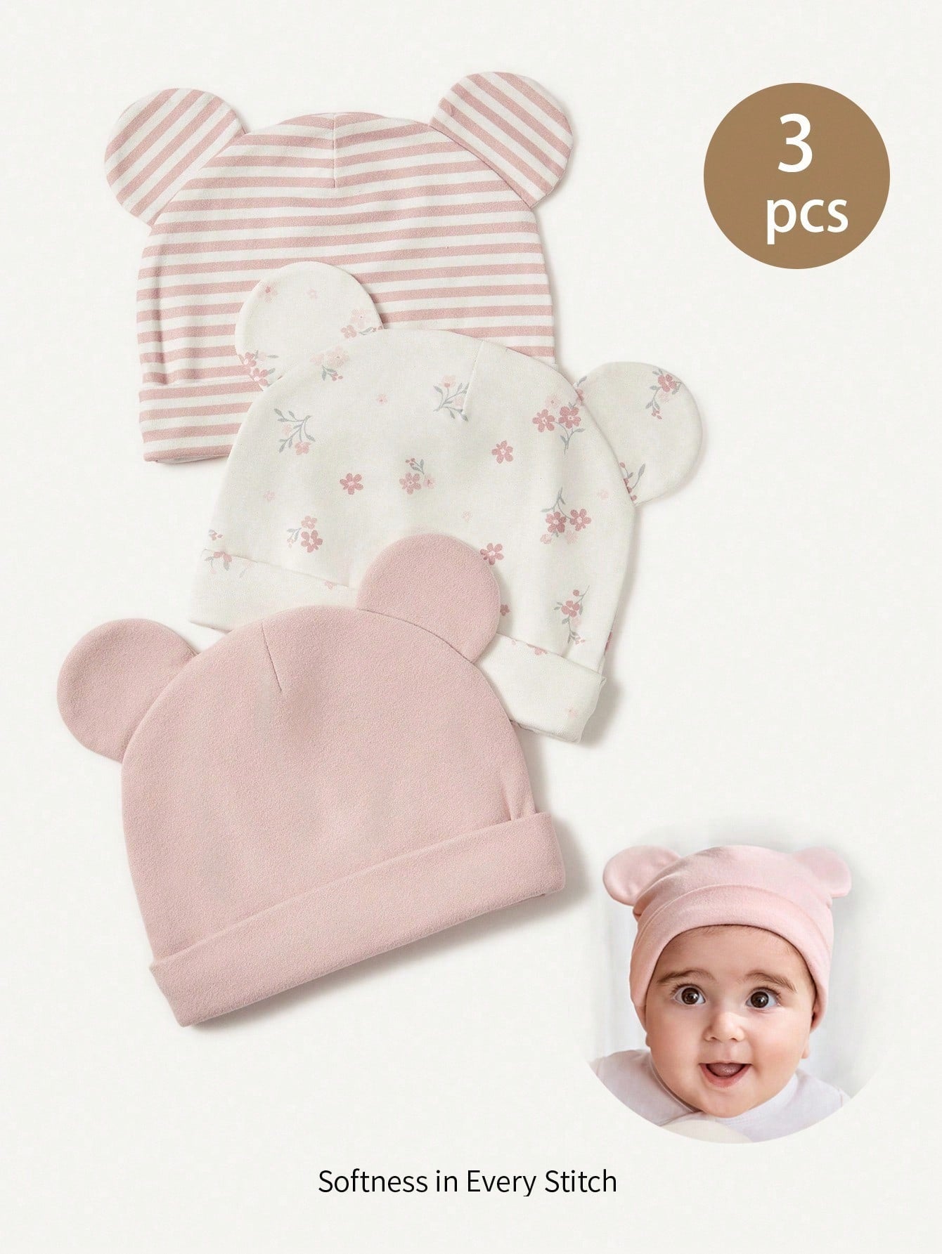 3pcs/Set Soft & Comfortable Infant Floral, Striped Print, Pink Bear Pattern Beanies Multicolor One-Size