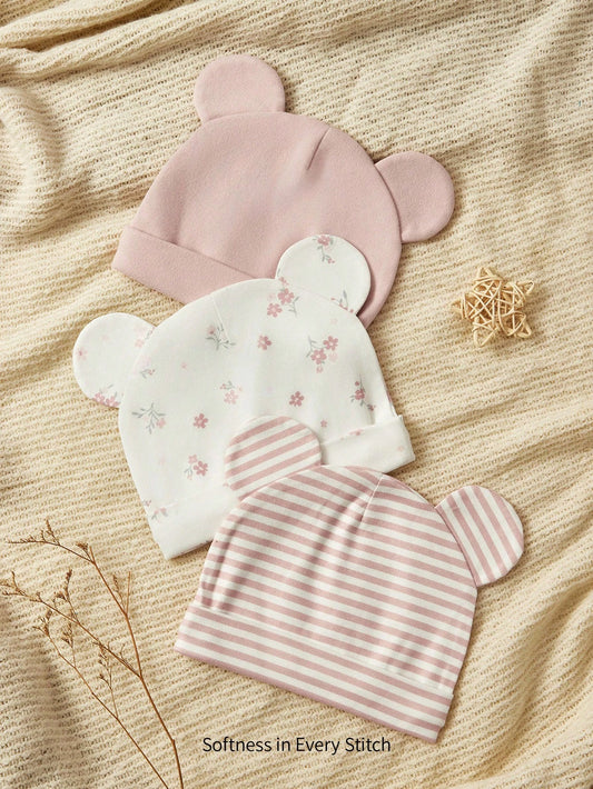 3pcs/Set Soft & Comfortable Infant Floral, Striped Print, Pink Bear Pattern Beanies Multicolor