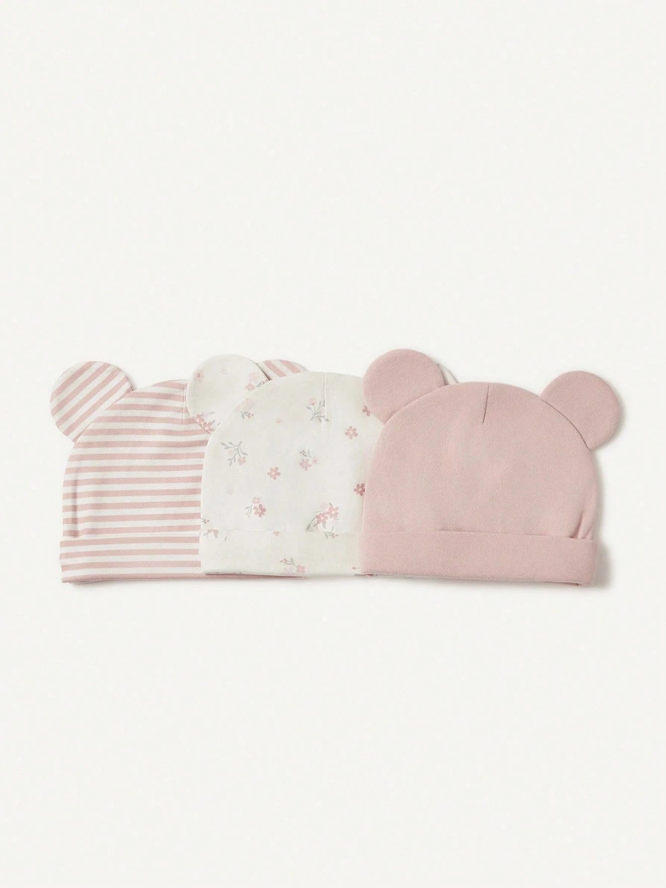 3pcs/Set Soft & Comfortable Infant Floral, Striped Print, Pink Bear Pattern Beanies