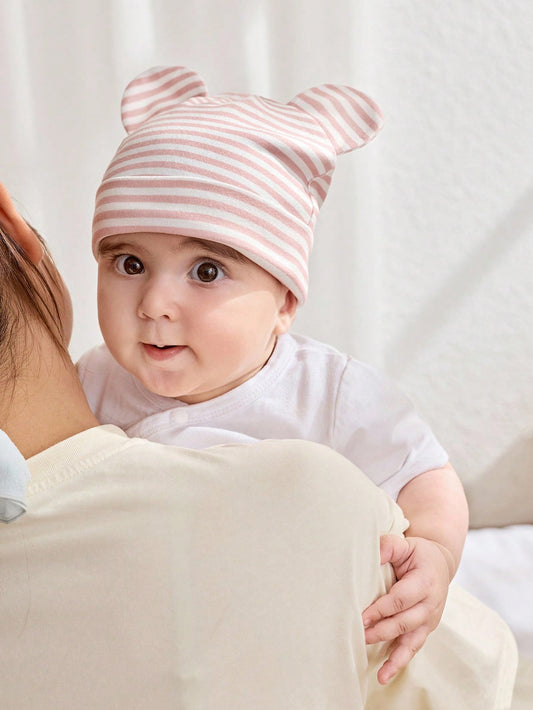 3pcs/Set Soft & Comfortable Infant Floral, Striped Print, Pink Bear Pattern Beanies