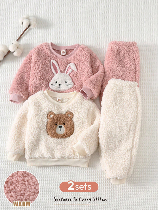 Baby Girl Cartoon Animal Print Soft Knit Crew Neck Long Sleeve Sweatshirt & Elastic Waist Pants Set Pink