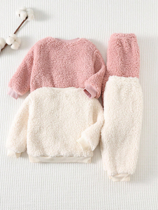 Baby Girl Cartoon Animal Print Soft Knit Crew Neck Long Sleeve Sweatshirt & Elastic Waist Pants Set