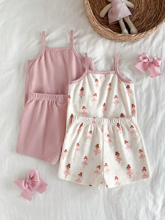 Cozy Pixies 4pcs Baby Girl Floral Print Knit Soft Camisole Top And Elastic Waist Shorts Set