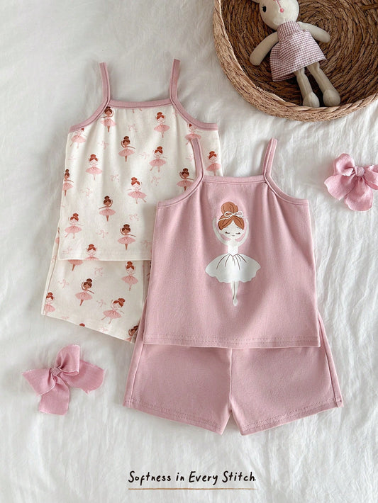 Cozy Pixies 4pcs Baby Girl Floral Print Knit Soft Camisole Top And Elastic Waist Shorts Set