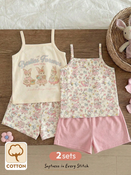 Cozy Pixies 4pcs Baby Girl Floral Print Knit Soft Camisole Top And Elastic Waist Shorts Set