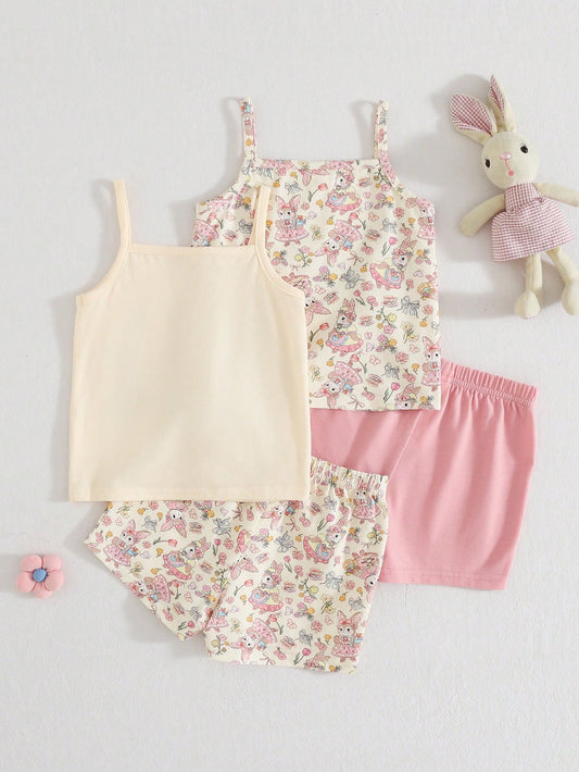 Cozy Pixies 4pcs Baby Girl Floral Print Knit Soft Camisole Top And Elastic Waist Shorts Set