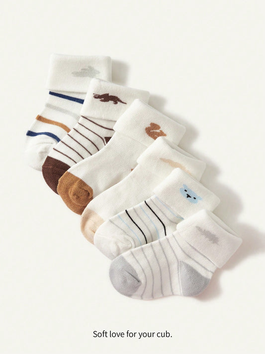 Cozy Pixies 6pairs/pack Cute Dinosaur Pattern Baby Socks With Folded Cuff Multicolor