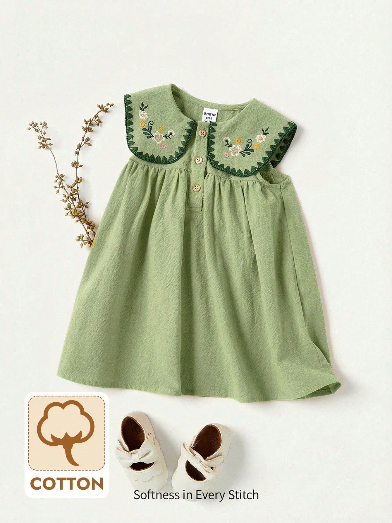 Girls Sleeveless Short Flared Dress With Embroidered Plants Pattern