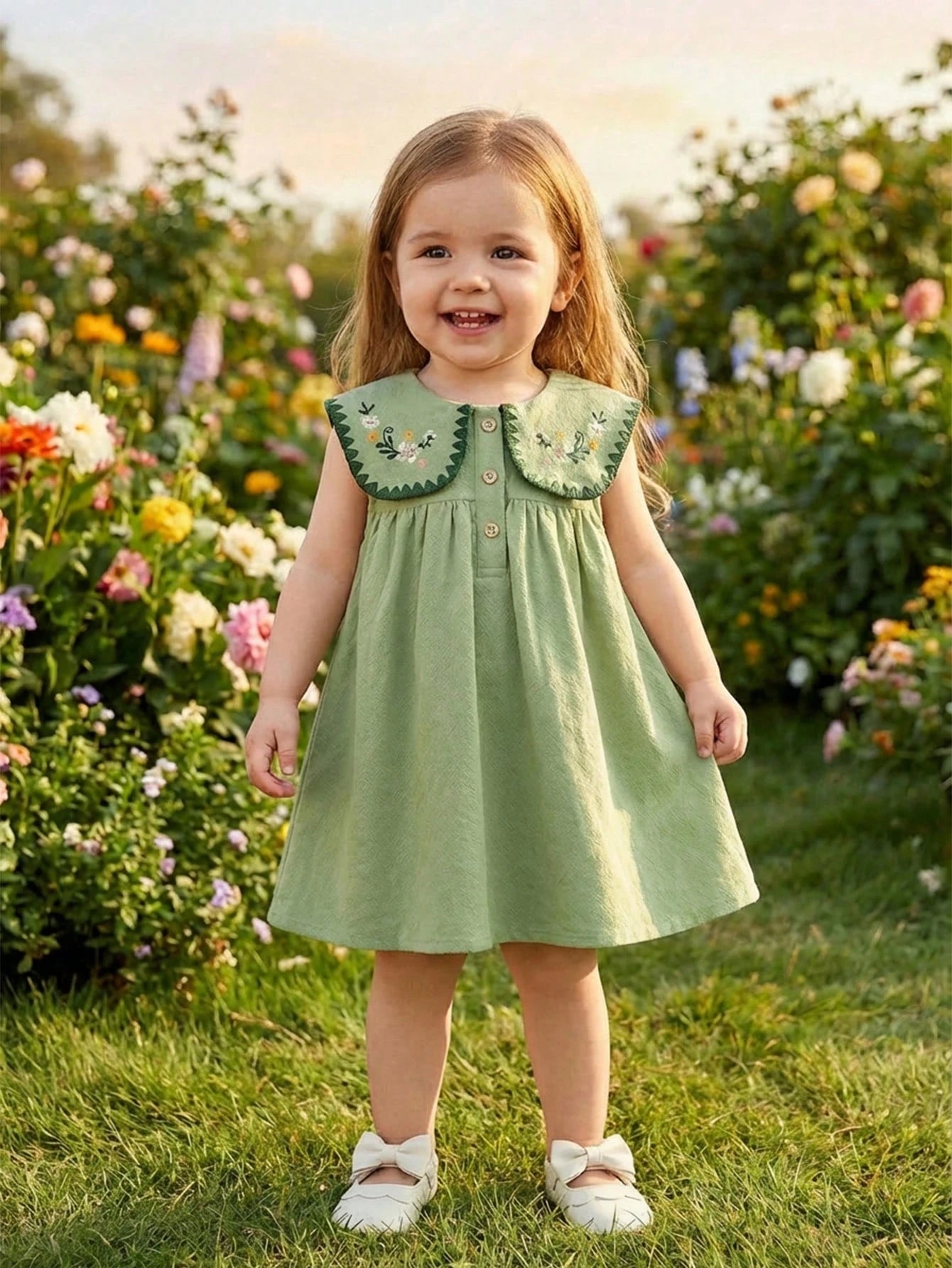 Girls Sleeveless Short Flared Dress With Embroidered Plants Pattern