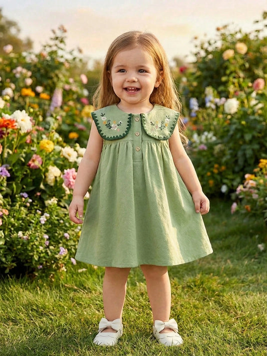 Girls Sleeveless Short Flared Dress With Embroidered Plants Pattern