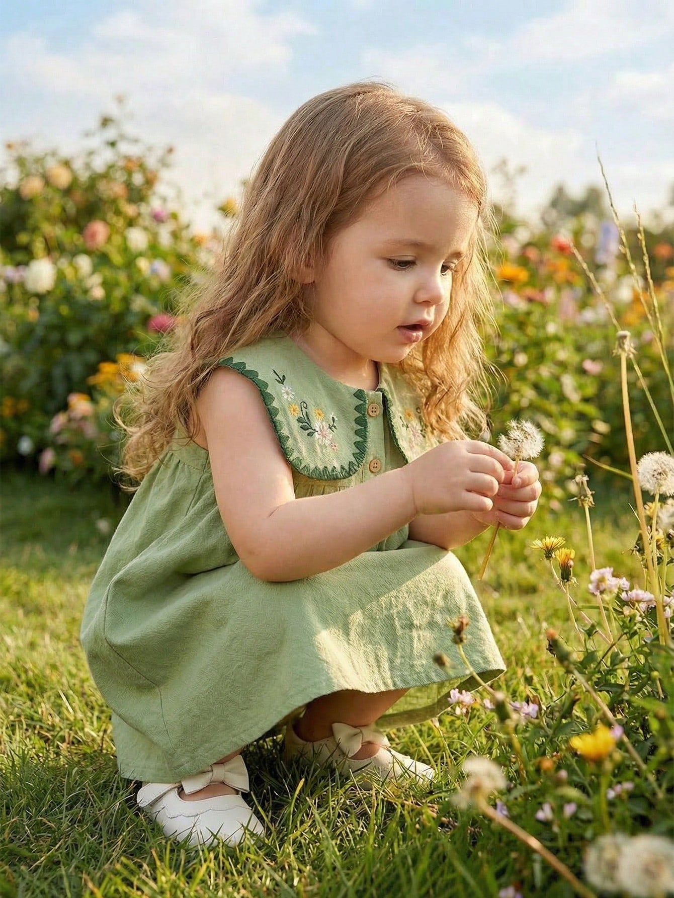 Girls Sleeveless Short Flared Dress With Embroidered Plants Pattern