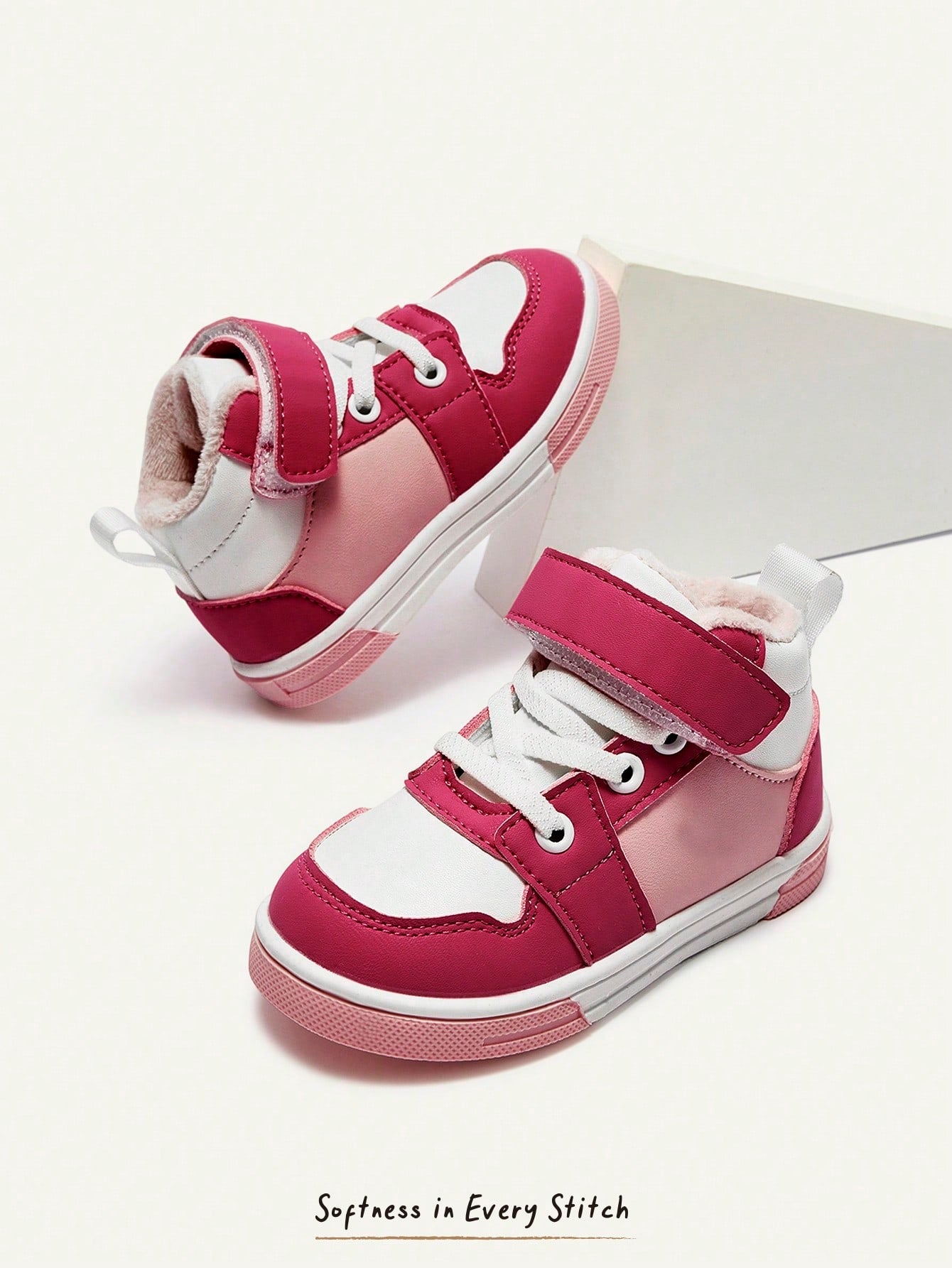 Pink Contrasting Color Girls High Top Velvet Baby Sneakers