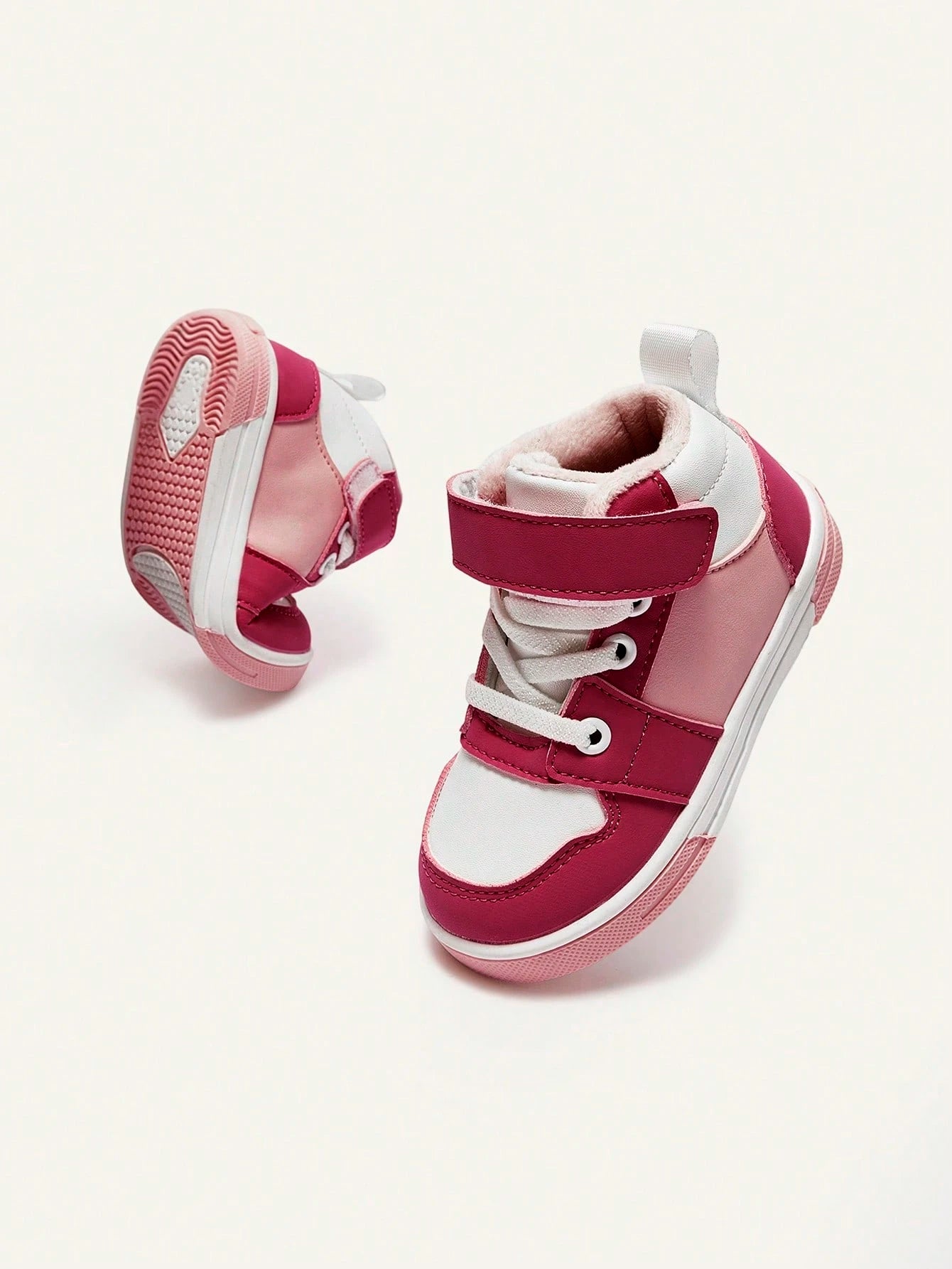 Pink Contrasting Color Girls High Top Velvet Baby Sneakers