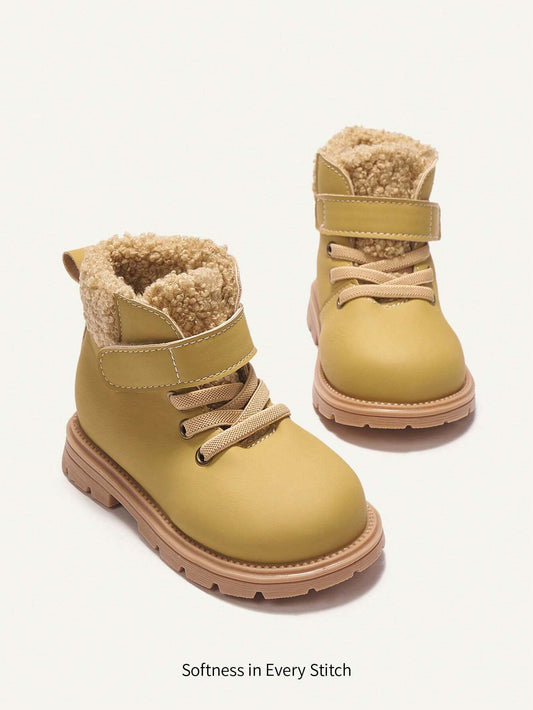 Baby Boys Plush Patchwork Casual Hook And Loop Flat Ankle Boots