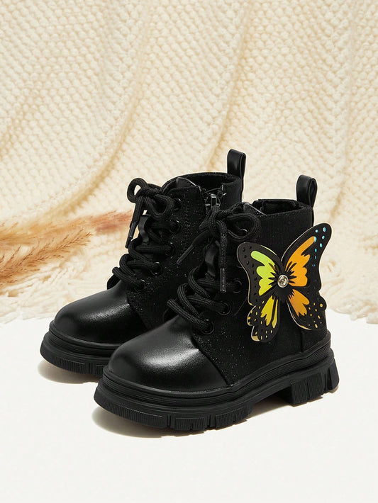 Fashion Versatile Colorful Butterfly Lace-Up Anti-Slip Comfortable Baby Ankle Boots Black
