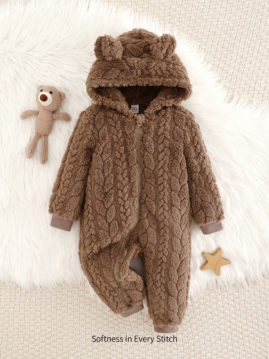 Mummy & Mee Cozy Pixies Baby Boy 3D Ear Decor Solid Color Coral Fleece Long Sleeve Jumpsuit 3-6M