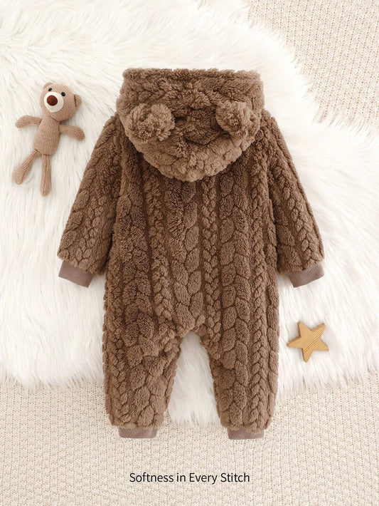 Mummy & Mee Cozy Pixies Baby Boy 3D Ear Decor Solid Color Coral Fleece Long Sleeve Jumpsuit