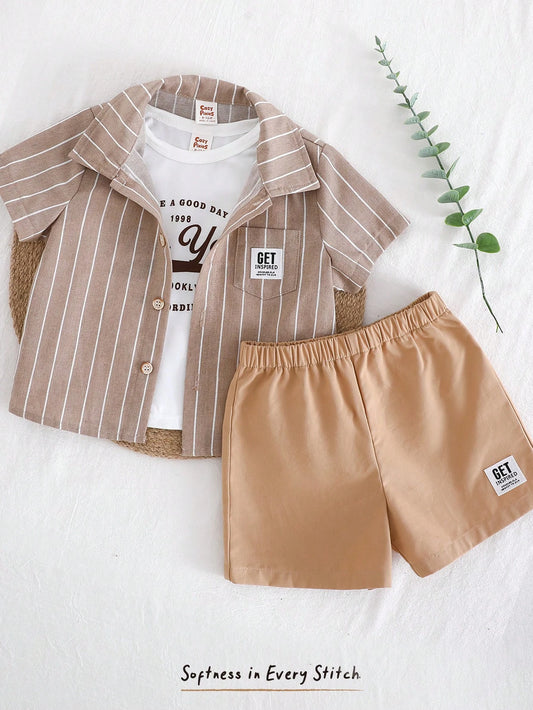 Baby Boy 3 Pieces Set: Striped Collar Short Sleeve Cardigan, Solid Round Neck T-Shirt, Elastic Waist Shorts