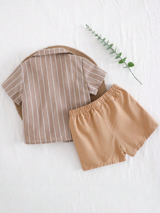 Baby Boy 3 Pieces Set: Striped Collar Short Sleeve Cardigan, Solid Round Neck T-Shirt, Elastic Waist Shorts