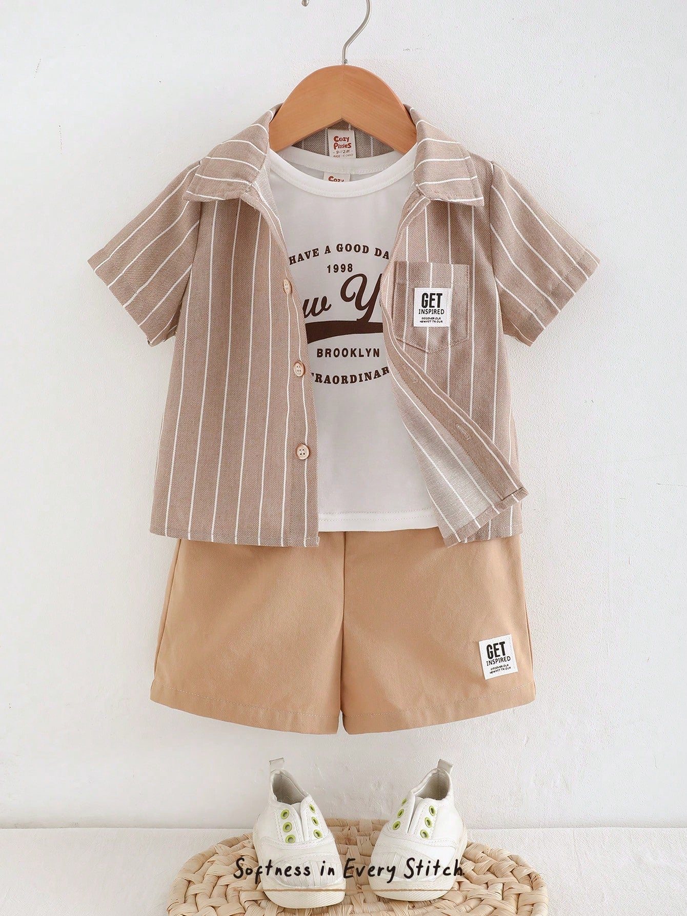 Striped Collar Cardigan, Solid Round Neck T-Shirt, Shorts
