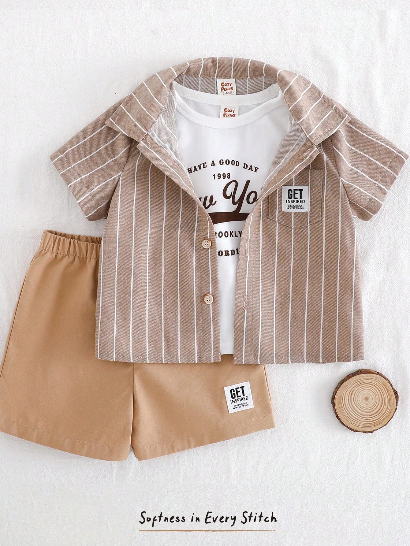 Striped Collar Cardigan, Solid Round Neck T-Shirt, Shorts