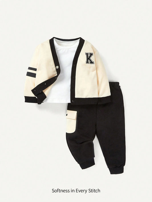 Cozy Pixies Baby Boy 3pcs Long Sleeve V-neck Contrast Color Cardigan Top, Tapered Pants Clothes Multicolor