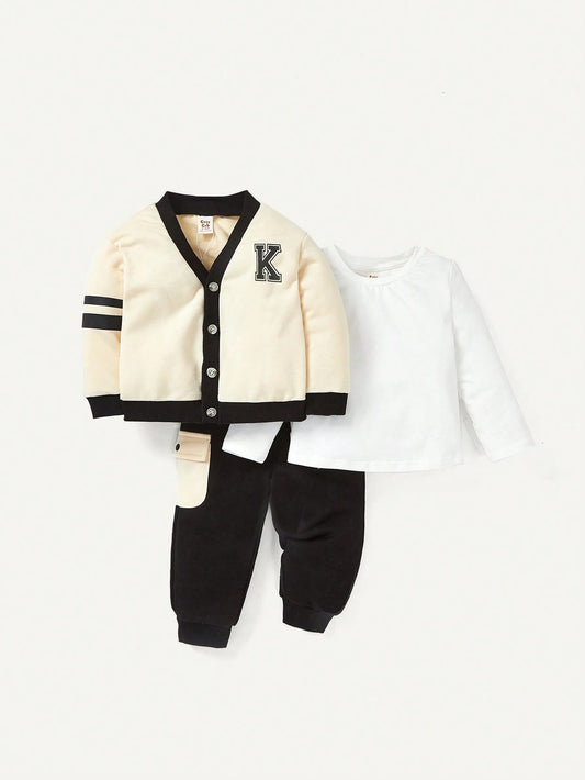 Cozy Pixies Baby Boy 3pcs Long Sleeve V-neck Contrast Color Cardigan Top, Tapered Pants Clothes
