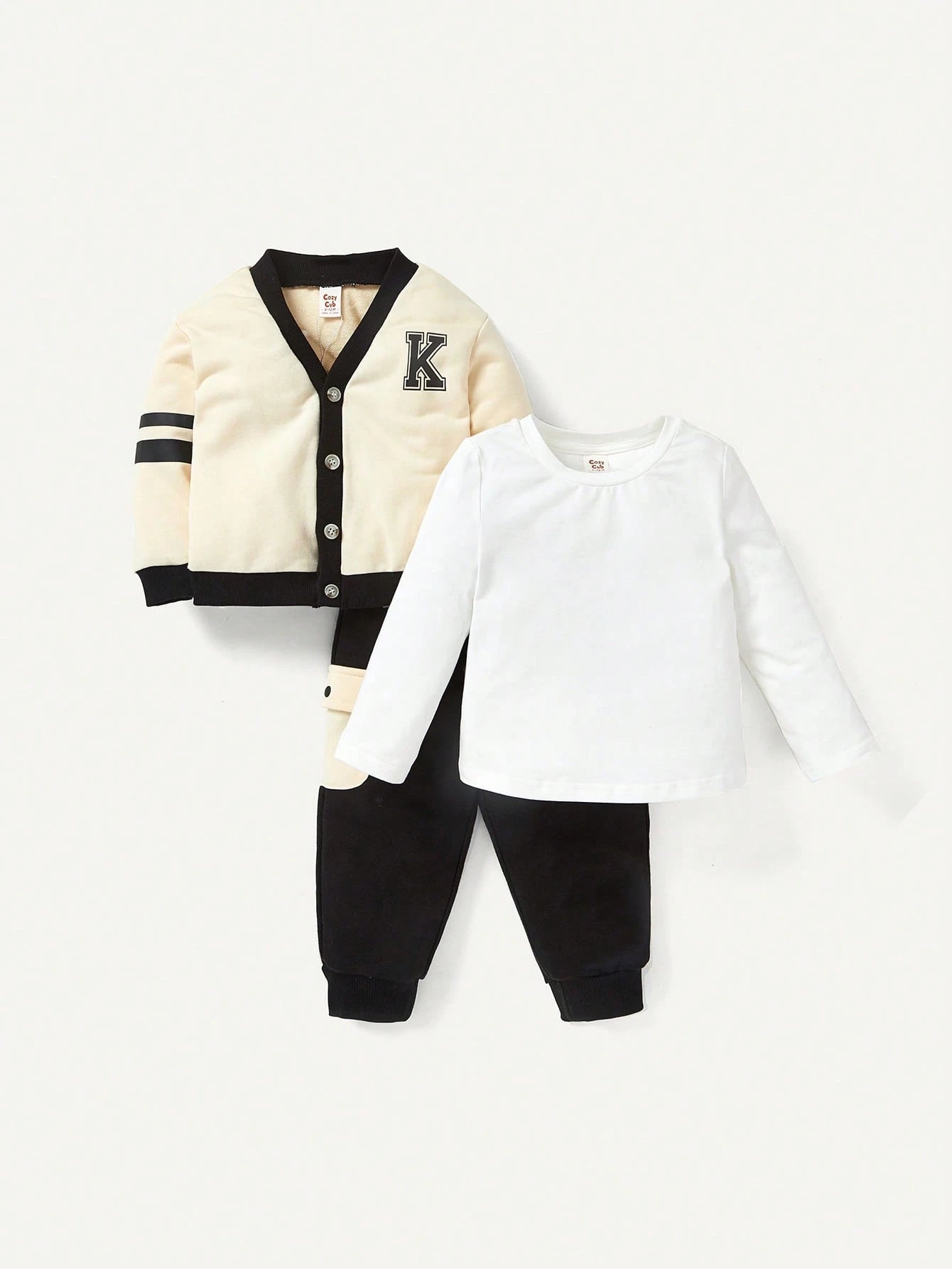 Cozy Pixies Baby Boy 3pcs Long Sleeve V-neck Contrast Color Cardigan Top, Tapered Pants Clothes