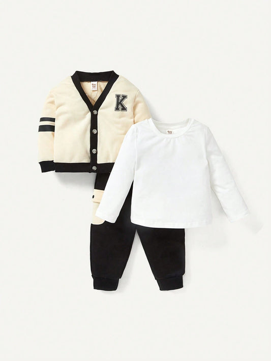 Long Sleeve V-neck Contrast Color Cardigan Top, Tapered Pants Clothes-S