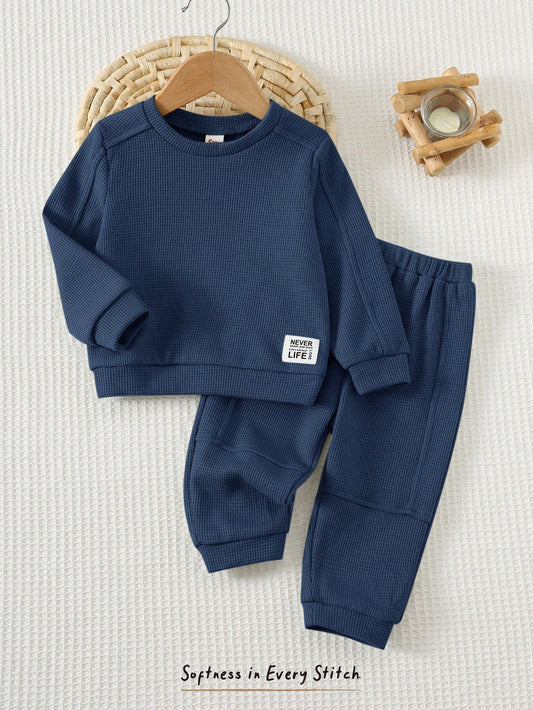 Woven Label Knit Soft Crew Neck Sweatshirt Elastic Waist Cuffed Long Pants 2pcs/Set