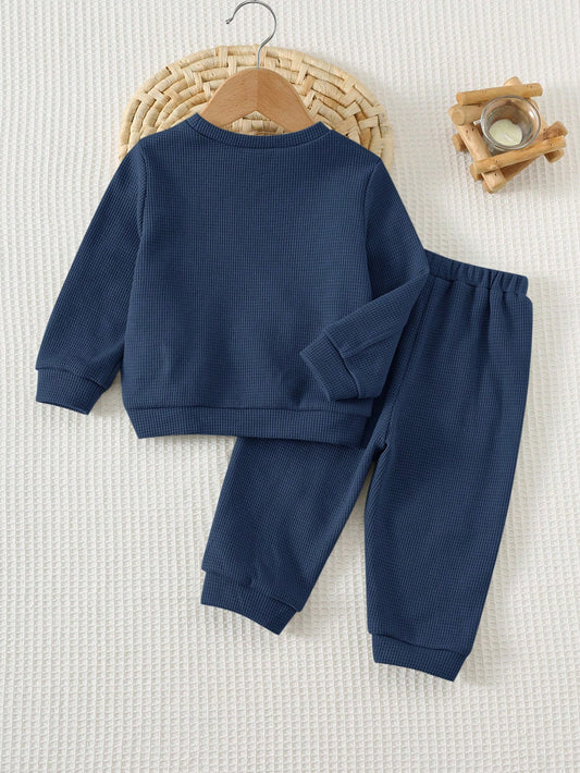 Woven Label Knit Soft Crew Neck Sweatshirt Elastic Waist Cuffed Long Pants 2pcs/Set