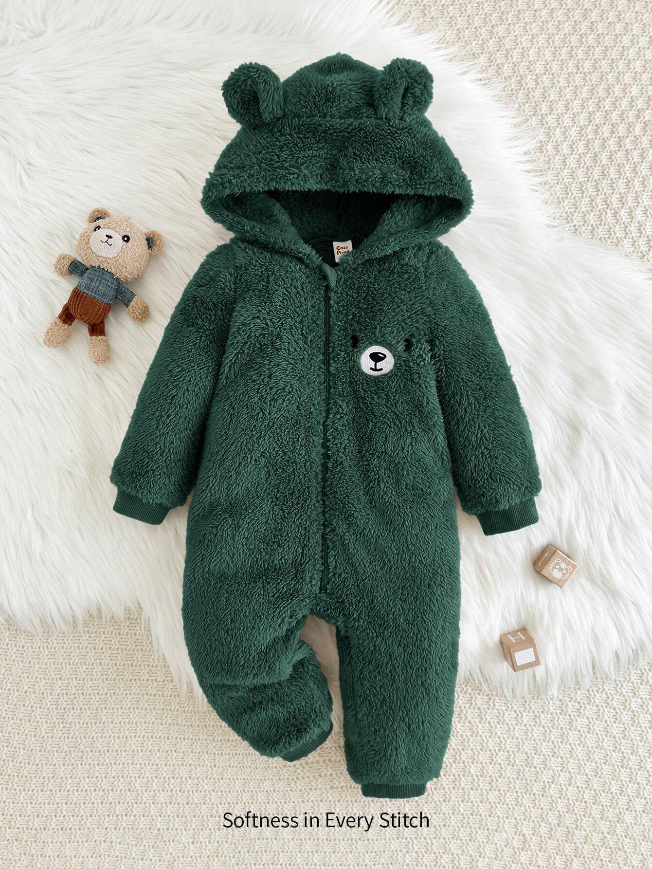 Cozy Pixies Baby Boy Cartoon Bear Pattern Ear Hooded Thicker Romper Dark Green