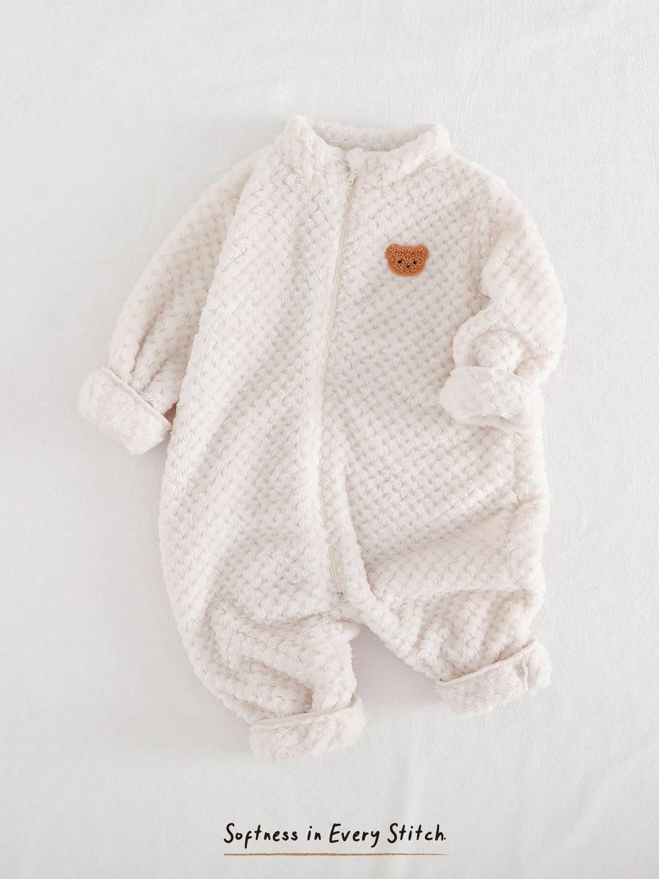 Pixies Baby Boy Cartoon Bear Hooded Thick Long Sleeve Jumpsuit Apricot