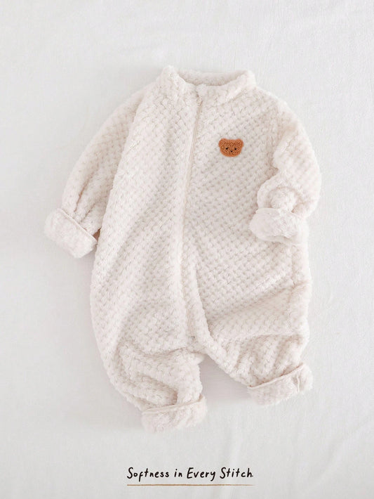 Pixies Baby Boy Cartoon Bear Hooded Thick Long Sleeve Jumpsuit Apricot